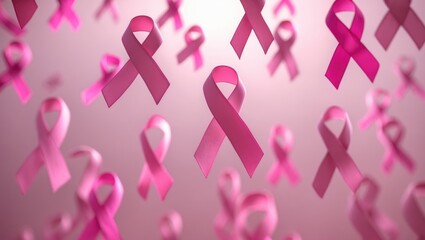 Pink Ribbon for Breast Cancer Awareness. Floating pink ribbons against a pink backdrop. Awareness for breast cancer. Aerial perspective. Mockup.
