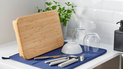 Kitchen counter with clean dishes and utensils drying on a blue mat next to a potted plant.