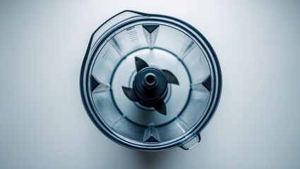 Bird's eye view of a plastic blender equipped with steel blades, set against a background