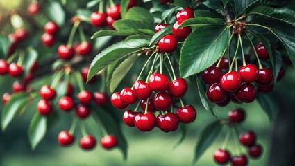 Mature, crimson cherry develops on a tree.