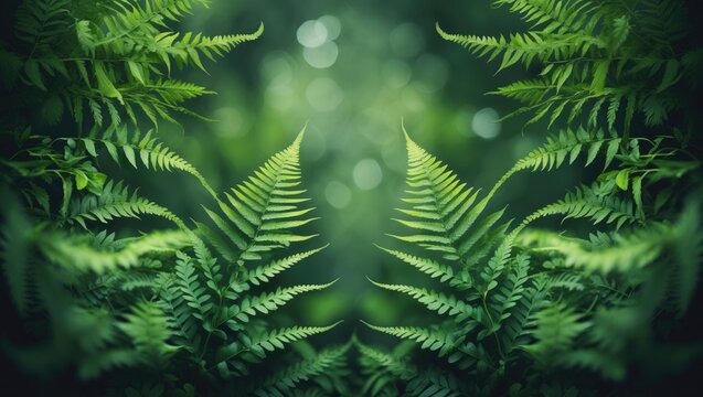 Fern foliage set on a blurred green nature background. unspoiled wildness, ecology theme. summer forest view. fern - sign of festivity, sacred greenery. empty space. promotional banner