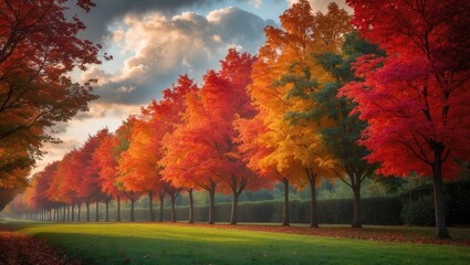 Colorful row of maple trees along the tree-lined avenue