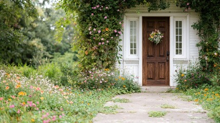 Inviting wooden door with lush greenery tranquil home entrance stock photo