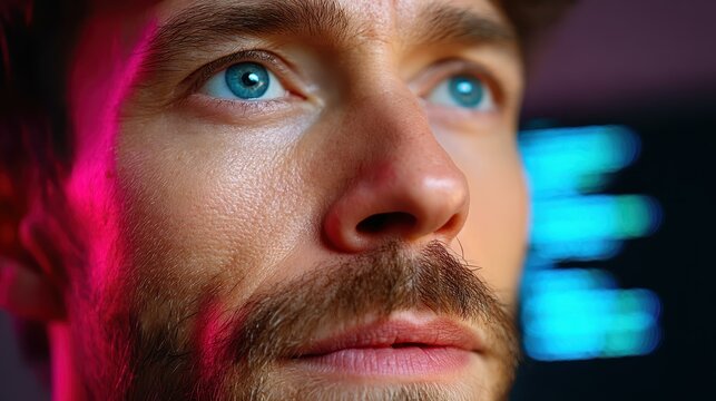 A closeup of a programmers face, immersed in coding, symbolizes the essence of modern tech and innovation.