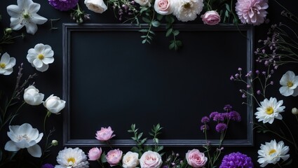 Floral border in a rectangular shape with garden flowers and wildflowers on a dark background, romantic design element for cards and covers