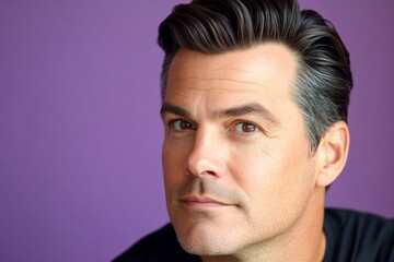 Fototapeta premium A happy man in a studio photo. A stylish and glowing male with a relaxed aura. Classy men's quiff haircut - midlife white man with hair. Purple solid background. Idea of style for aging men.
