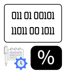 Binary code on display, calendar with pen and clock gear, and percentage symbol. Ideal for data analysis, technology, scheduling, planning, efficiency finance and algorithms. Flat simple metaphor