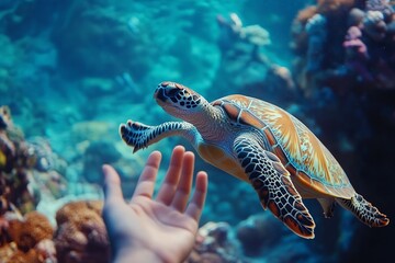 Fototapeta premium Sea turtle swimming towards a hand outstretched in clear blue ocean water with coral reef behind it