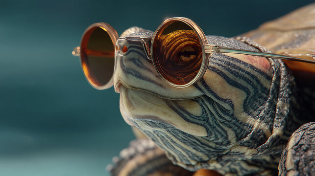 Close-up of turtle wearing round sunglasses, showcasing textured shell and reflective lenses, creating a humorous and stylish image, ideal for fashion or animal themes