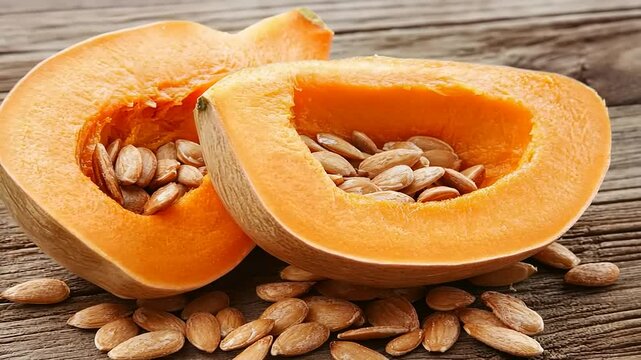 Close-up of sliced ripe butternut squash displaying seeds on rustic wooden surface