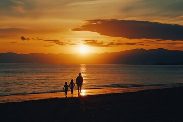 Silhouette of a family walking on the beach at sunset Generative AI