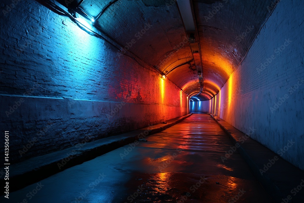 Poster illuminated tunnel with colorful lights reflecting on the wet floor creating a vibrant ambiance view