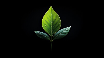 A visible green leaf and a water droplet on it isolated on black background