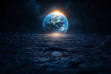 Iconic lunar surface photo showing astronaut footprint and Earthrise, ideal for space exploration themes, education, and science achievements
