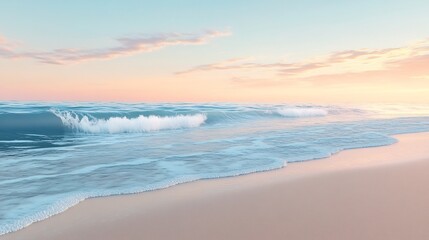 Fototapeta premium Serene spring beach scene sunrise soft pastel skies gentle waves warm golden sand Hyper realistic textures of sand clear water soft sky gradients creating peaceful morning atmosphere perfect lighting