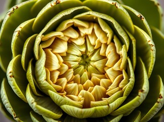 Obraz premium Close-up top view of fresh artichoke showcasing symmetrical geometric design and intricate textured leaves