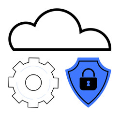 Cloud above a gear and shield with a lock icon representing secure cloud technology, system management, protection, and privacy. Ideal for IT, cybersecurity, software, innovation, web and simple