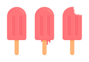 Set of pink popsicles in whole, melting, and bitten stages. Summer dessert and strawberry frozen treat concept. Flat vector illustration isolated on white background