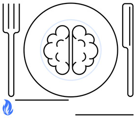Brain placed on a plate between fork and knife suggesting mental nourishment. Ideal for education, creativity, learning, ideas, mindfulness, intellectual growth, and psychology. Clean flat simple