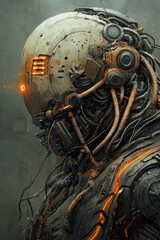 Fototapeta premium Futuristic cybernetic robot with intricate mechanical details and glowing orange highlights
