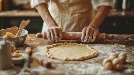 A person rolling out dough with a rolling pin on a wooden table.