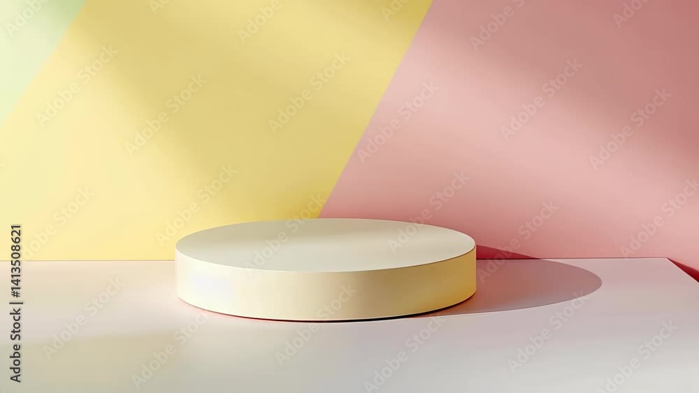 Poster creative display of a round platform against pastel colored backdrops in a serene artistic setting g