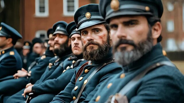 Civil War reenactors gather for a memorial event in a historical setting showcasing uniformed soldiers