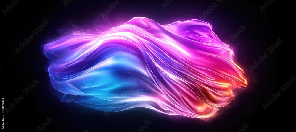 Poster abstract flowing shape with glowing particles over a dark background, featuring a vibrant gradient f