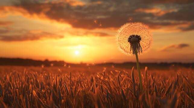 Golden sunset over field of wheat, dandelion in focus. Seeds are flying