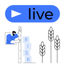 Person assessing stacked Risk blocks with a measuring tool near wheat plants and Live streaming button. Ideal for agriculture, analysis, decision-making, risk management, technology, education