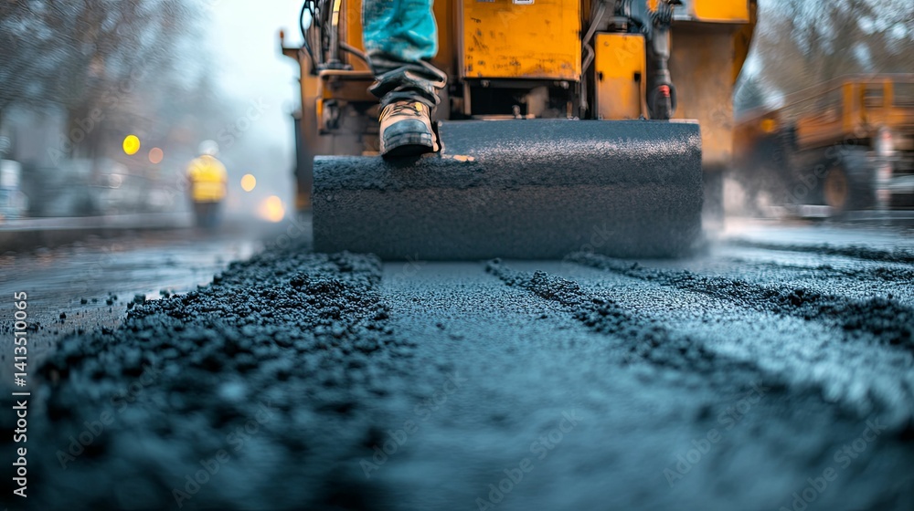 Poster close-up view of asphalt paving in progress.