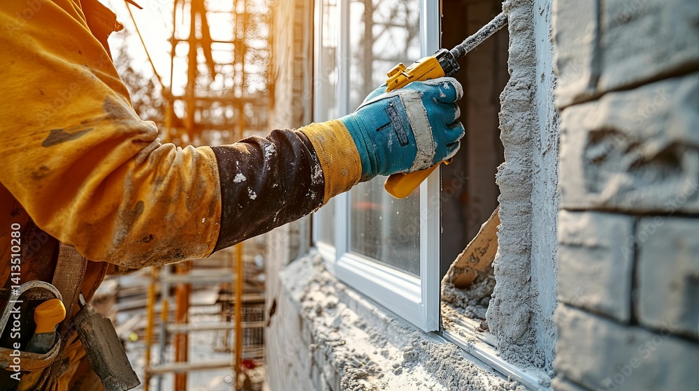 Aufkleber a construction worker installs a window using mortar.
