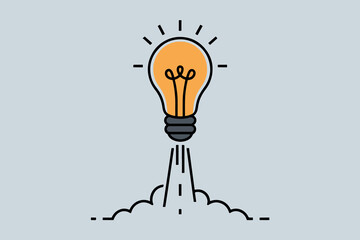 Light bulb taking off like a rocket, idea and startup concept