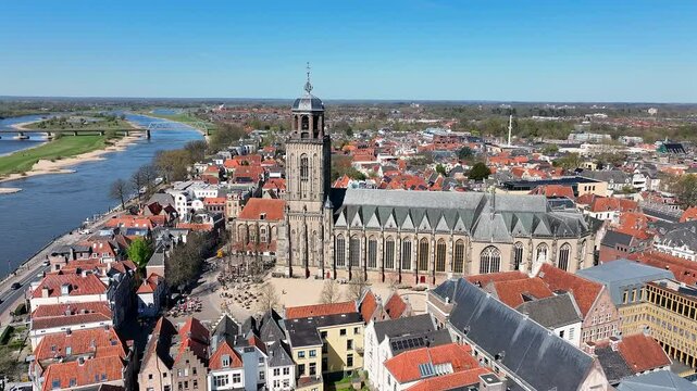 Aerial from the city Deventer with the Lebinius church in the Netherlands