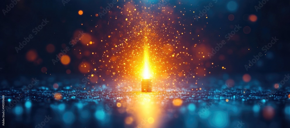 Aufkleber glowing particles rise from a small, dark object on a textured surface, illuminated with blue and or
