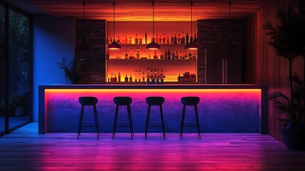 A Modern Bar With Vibrant Neon Lighting And Stylish Stools Stock Photo