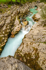 Slovenia, Triglav National Park, Soca River. Scenic with river in rocky gorge.