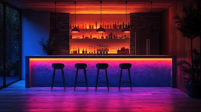 A Modern Bar With Vibrant Neon Lighting And Stylish Stools Stock Photo
