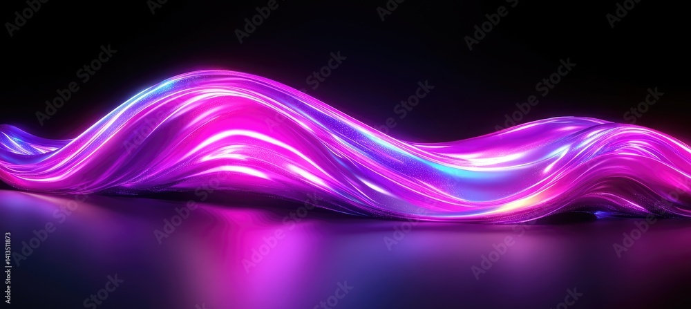 Poster abstract wave of illuminated purple and blue fiber optics against a dark background, creating a slee