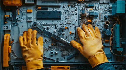 Hands in protective gloves working on a complex electronic circuit board.