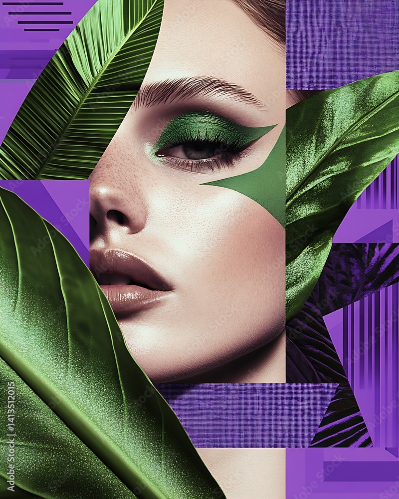 Poster stunning close up of a model with green makeup surrounded by lush leaves on a vibrant background : g