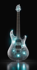 Futuristic electric guitar with glowing lights on glossy dark background
