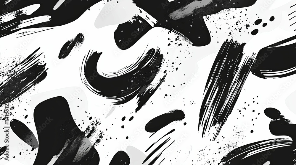 Poster a black and white abstract pattern design with brushstrokes and splatters.