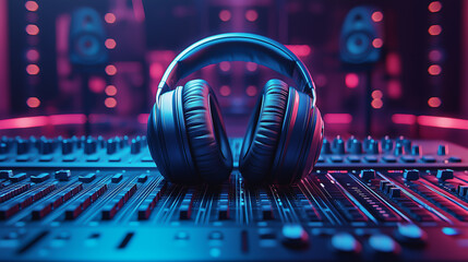 Black headphones resting on audio mixing board with glowing LED lights
