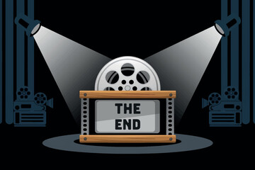 Vector illustration of old cinema film reel with text The End