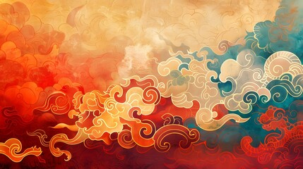 Abstract Thai Composition with Gold Flames and Cloud Patterns