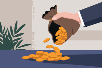 Vector illustration of a hand holding a bag of falling coins, concept of finance and economy