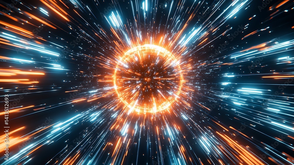 Poster stunning cosmic explosion visualizing bright streaks of energy in orange and blue radiating from a c