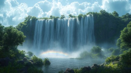 Naklejka premium Majestic Waterfall in Lush Green Paradise with Rainbow