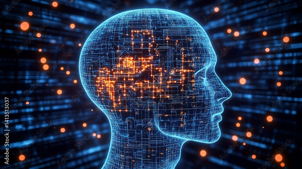 Poster futuristic digital illustration of a human head profile designed with intricate circuitry and glowin